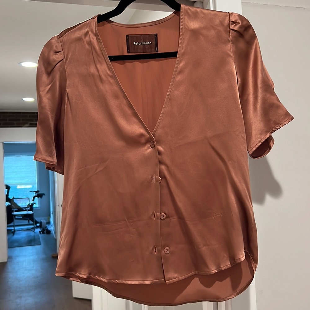 Reformation Satin Blouse in Copper